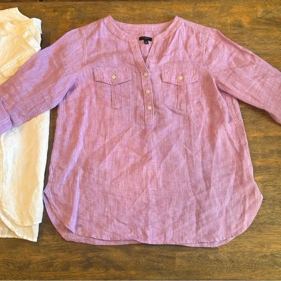 Talbots Women’s Petite Linen Henley Tops White & Lavender 2-Pack - Picture 5 of 7
